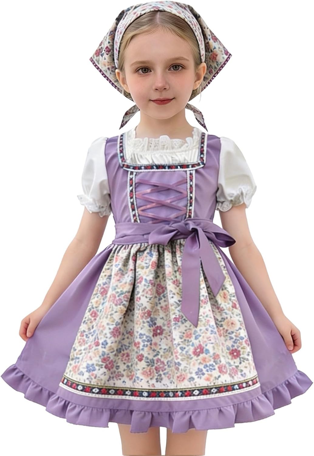 Girls German Oktoberfest Dress Bubble Short Sleeves Bow Belt Maid Dresses with Floral Apron Hair Accessories Teen