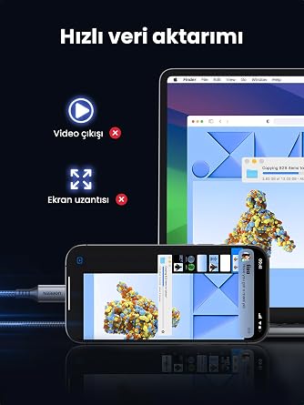 UGREEN USB C Şarj Kablosu 60W Siyah Naylon USB C - USB C Kablosu PD 3.0 PPS iPhone 15 Pro Max Galaxy S23 S22 S21 A54 A34 A14 iPad Pro 12.9 iPad Air 5/Mini 6, Pixel 7 Pro vb. ile uyumludur. (2M)