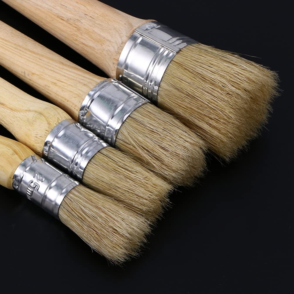 Pincel Redondo de Madera para Pintura, 4 Piezas, Mango Largo | Cerdas Naturales, Agarre Ergonómico, Uso en Decoración del Hogar y Manualidades