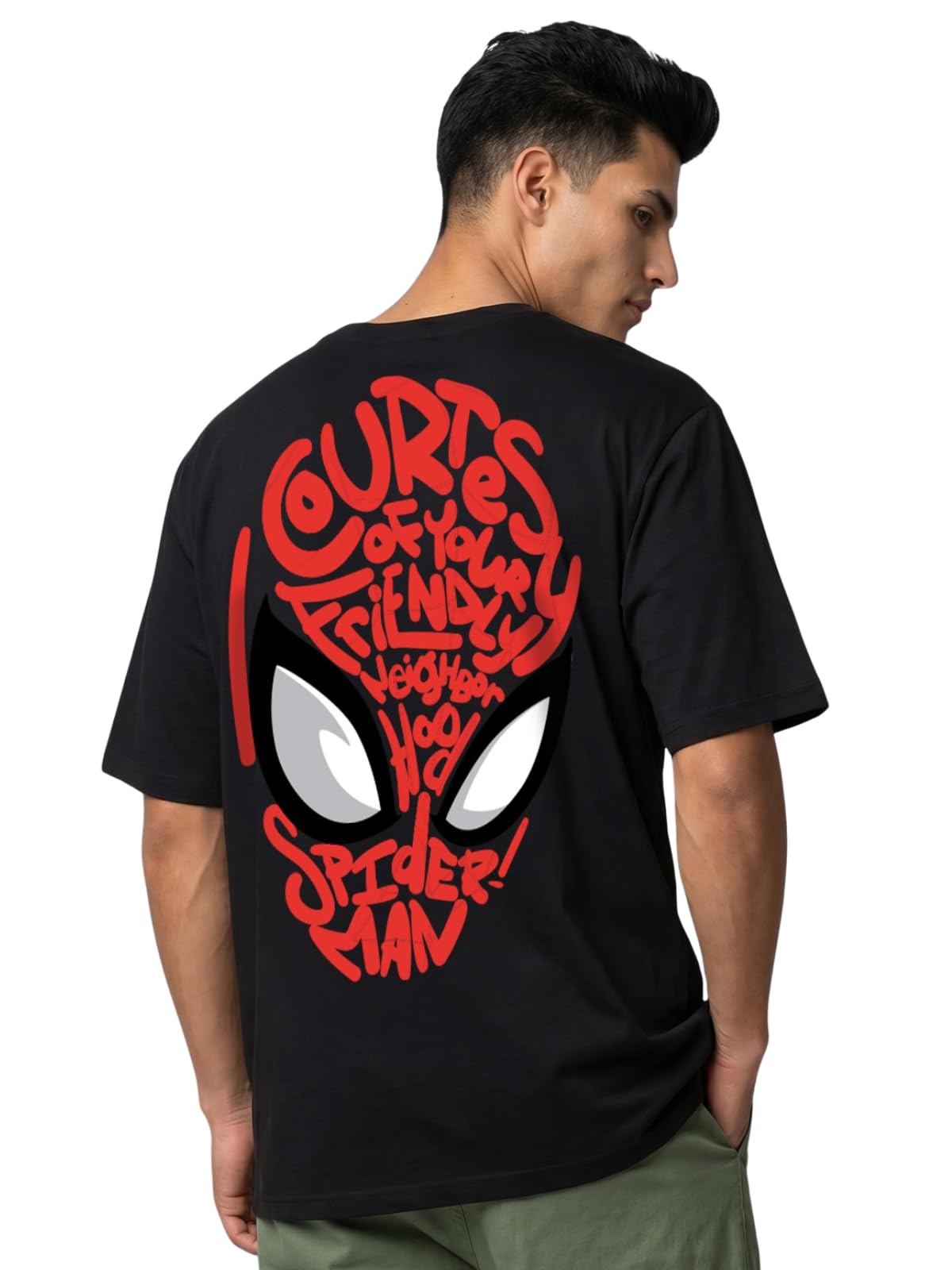 veirdo Men's Black & White Friendly Neighborhood Spiderman Pure Cotton Typographic Printed Half-Sleeve Fashionable & Stylish Oversized-Fit T-Shirt for Men/Boys-picture-29