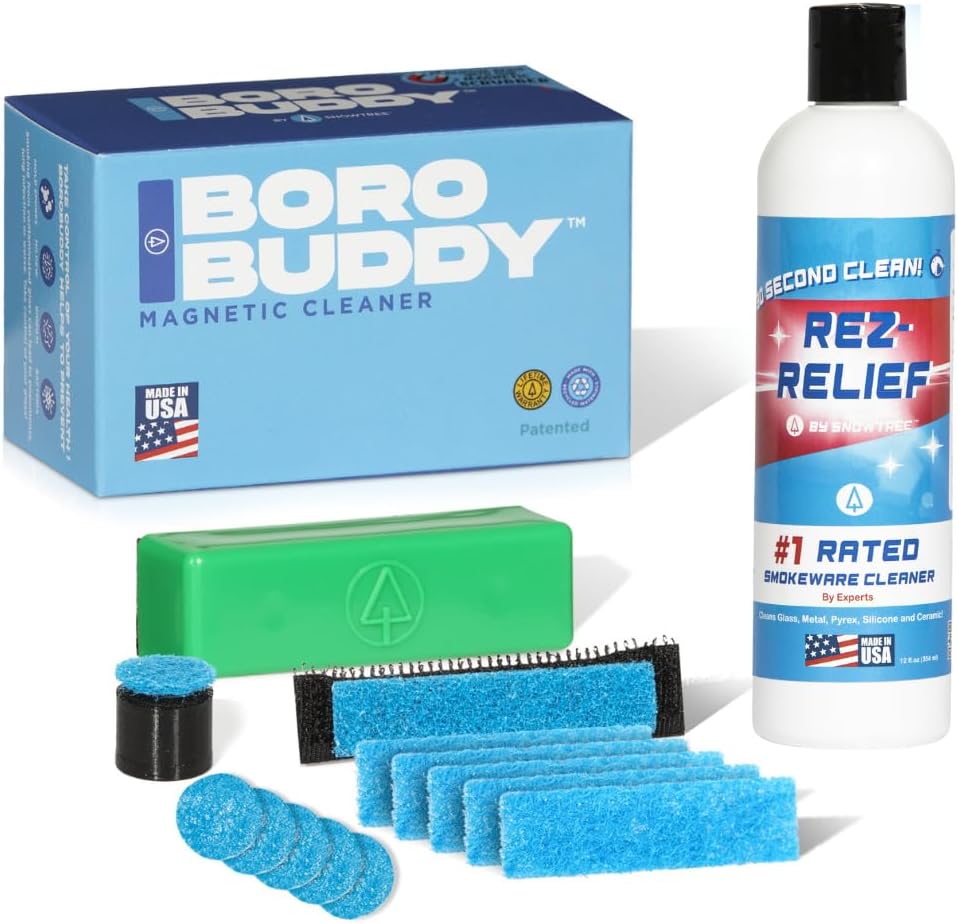 SNOWTREE - BoroBuddy Pro Magnetic Glass Cleaner + Rez Relief Liquid Cleaning Solution Bundle | Green BoroBuddy with 12 oz Rez Relief 420 Liquid Cleaner for Glass, Metal, Ceramic & Silicone