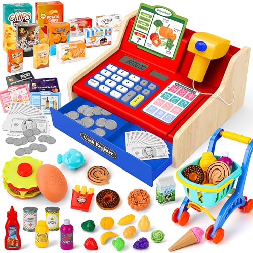 MOMOSTAR Caja Registradora Juguetes para Niños, Máquina Registradora Juguete con Escáner Calculadora, Caja Supermercado Juguete, Educativos Regalo para Niños Niñas 3 4 5 6 Años