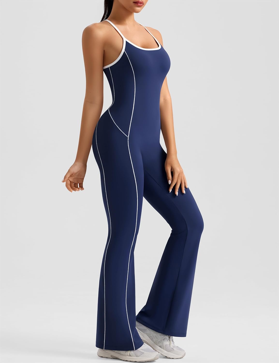 Relety Womens Flare Workout Jumpsuits Scoop Neck Cross Straps Backless Romper Contrast Trims Padded One Piece Yoga Unitard