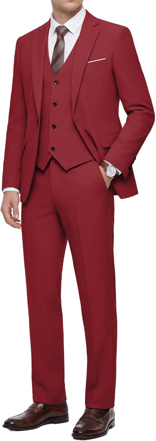 WULFUL Men's 3 Piece Slim Fit Suit Set Stretch One Button Blazer Jacket Vest & Pants Tuxedo for Party Wedding Business