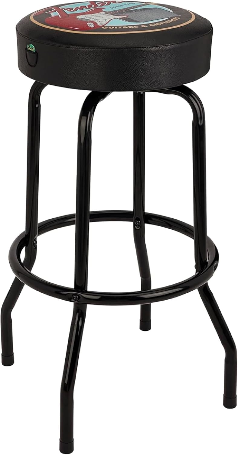 Fender Guitars & Amps Logo Swivel Barstool with Guitar Picks Pouch, Great Gifts for Dad, with 1 Year Limited Warranty, Simple Assembly, Black/Black, 30"