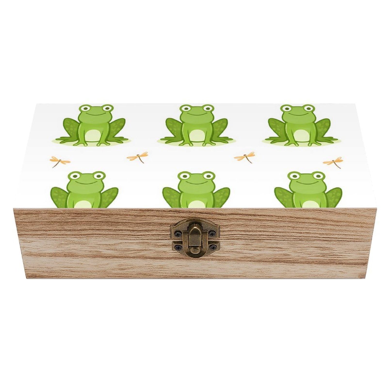 SMAZDFXX Green Frog Animal Cute Frogs Wooden Storage Box With Hinged Lid Decorative Front Clasp Keepsake Boxes