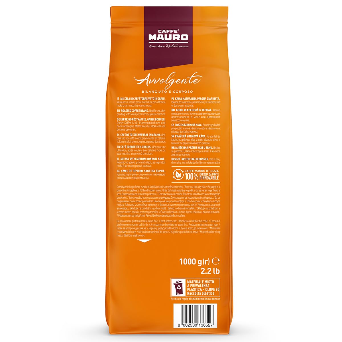 Caffè Mauro Torrefazione – Kaffeebohnen – 1 kg – Avvolgente Mischung – mittlere Röstung – Intensität 8/10 – hergestellt in Italien – 1kg Packung