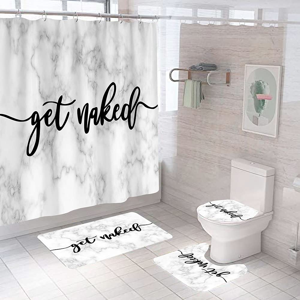 Newsuyaa Grey Marble Shower Curtain Sets With Bath Mats,Black Get Naked Bathroom Accessory Set With Waterproof Bathtub Curtains With Hooks And Non-Slip Rugs For Bath Decor (Grey)