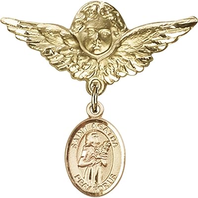 Gold Filled Baby Badge with St. Agatha Charm and Angel w/Wings Badge Pin 1 1/8 X 1 1/8 inches