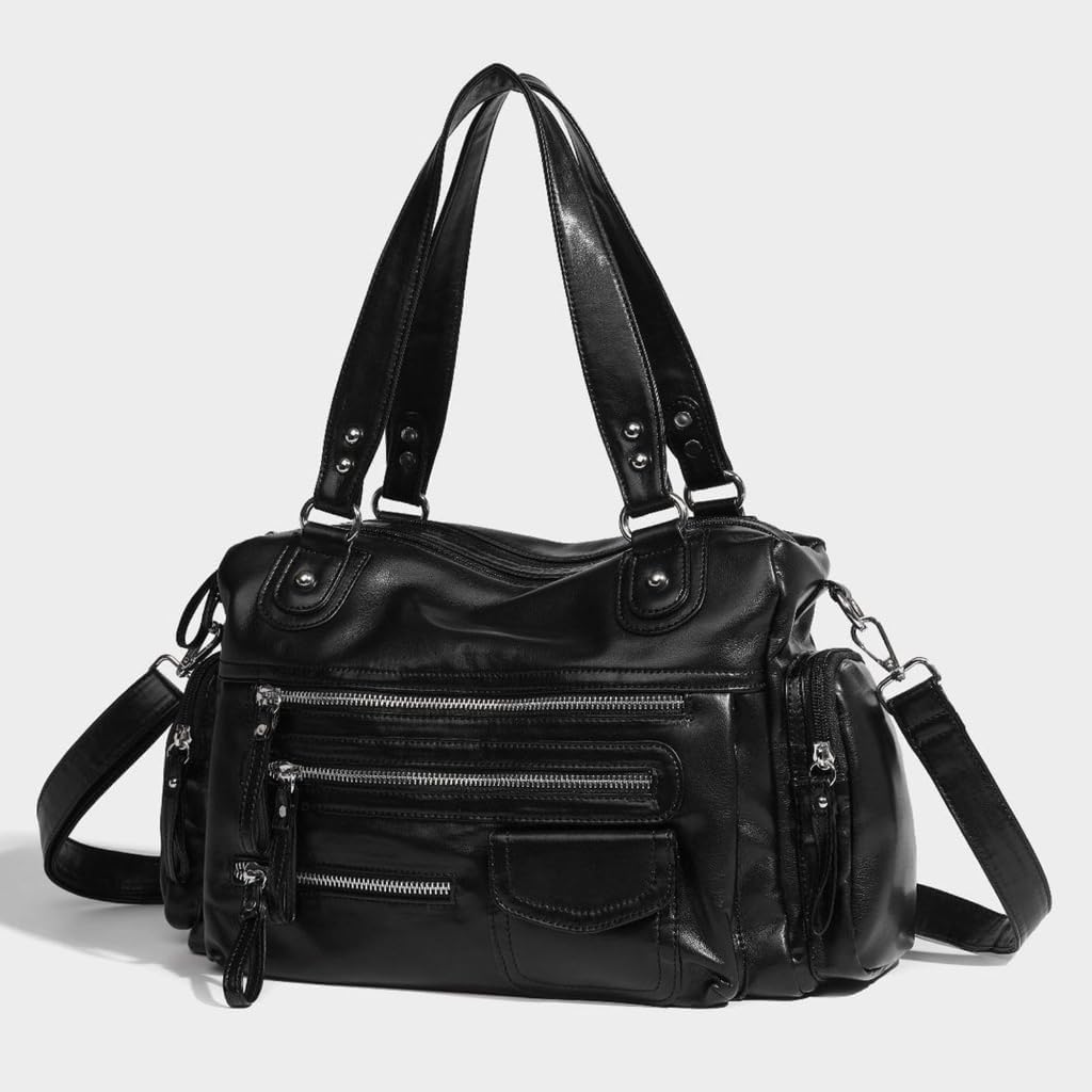 Fashionable Vintage Motorcycle Satchel Large Capacity PU Shoulder Bag Punk Zippered Crossbody Handbag Purse