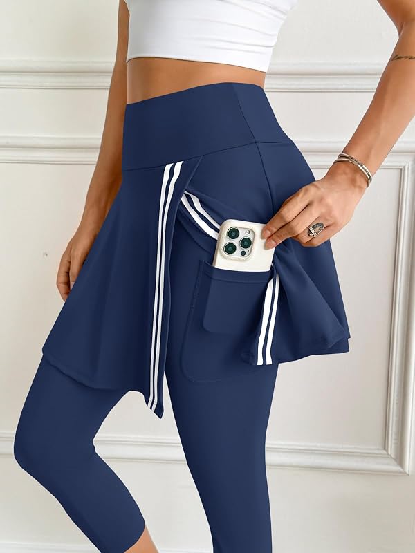 Fisoew Women Skirted Leggings Contrast Tennis Athletic Wrap Skirt with Capris Leggings Pockets for Golf Pickleball Navy by Fisoew - Image 2