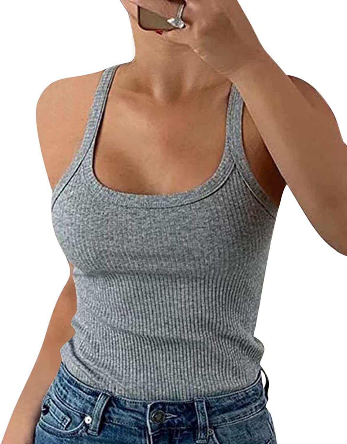 Wenrine Damen Spaghetti Tops Sexy U-Ausschnitt Tank Top Sommer Gerippt Tanktop Slim Fit Einfarbig Camisole