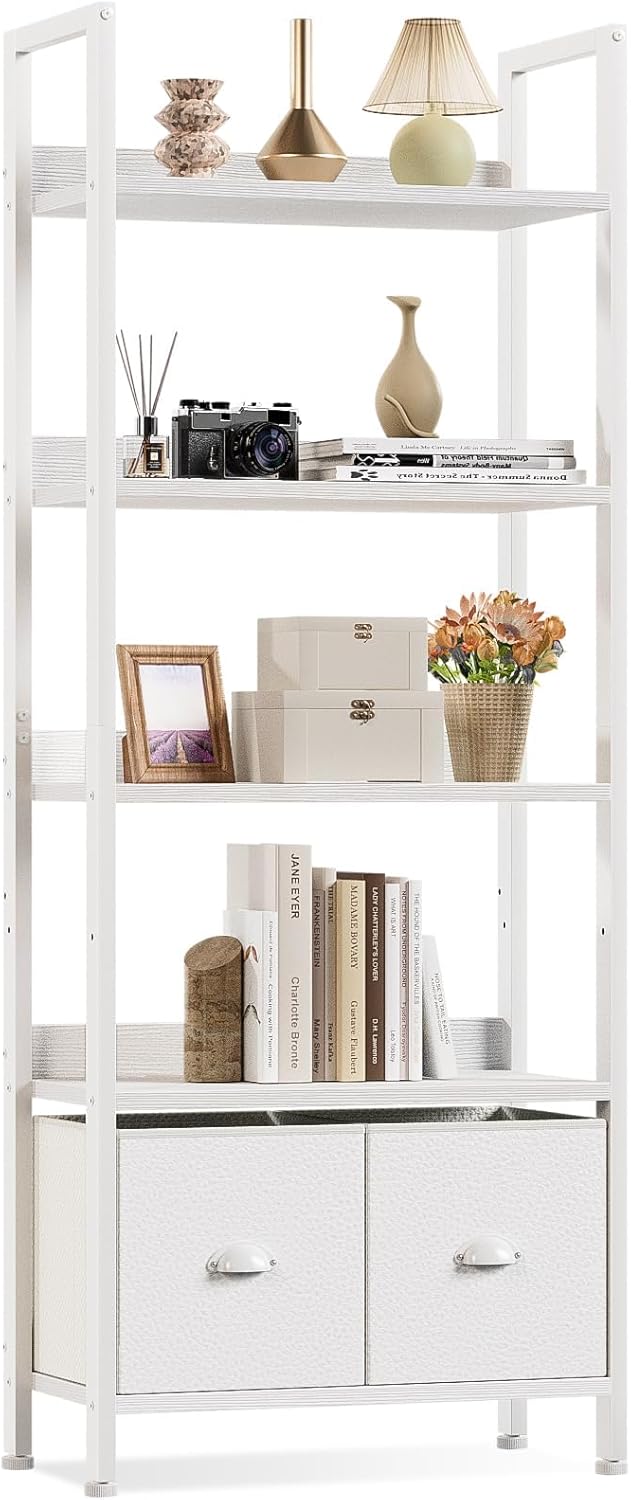 Furologee 5 Tier Bookshelf with Drawers, White Tall Bookcase with Shelves, Wood and Metal Bookshelves Storage Organizer, Modern Display Free Standing Shelf Unit for Bedroom, Living Room, Office White 5 Tier