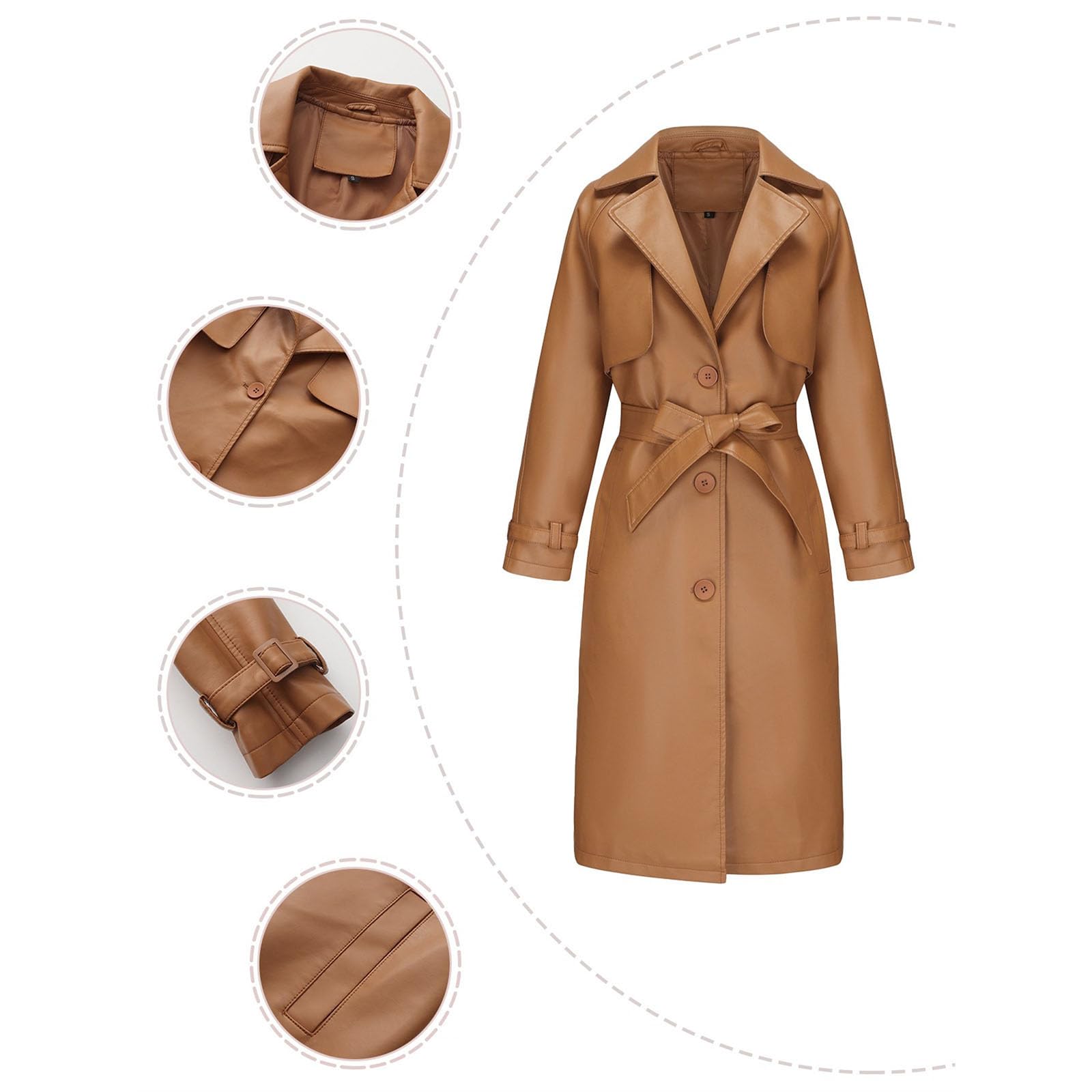 Trench da donna in ecopelle PU giacca lunga con cintura con risvolto dentellato monopetto moda autunno