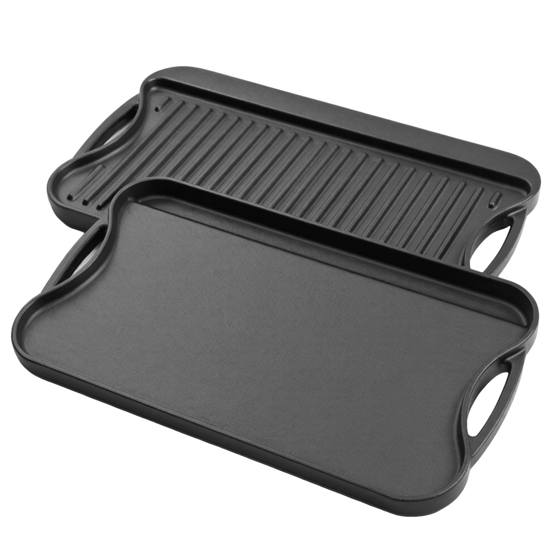 Parrilla reversible de hierro fundido, 43 x 25 cm, placa rectangular de doble cara presazonada para estufa de gas, horno, camping, cocina interior y exterior, antiadherente, duradera y