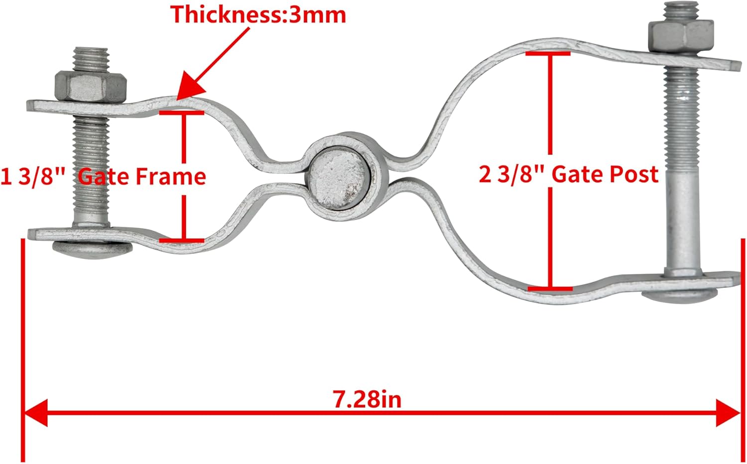 HITTITE 1-3/8" x 2-3/8" Chain Link Fence Gate Post Hinge, Heavy Duty Gate Hinges with 1-3/8" Female Hinges （2 Piece） and 2-3/8" Male Hinges （2 Piece）, Nut/Bolt Included, 3mm Thickness.