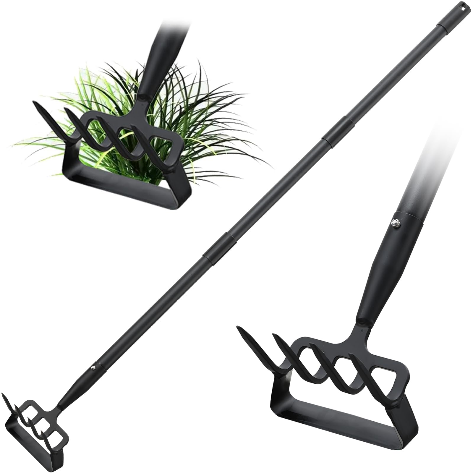 Azada de jardín 2 en 1, desbrozadora y cultivador de mango largo de 116 cm, herramienta de jardinería ergonómica con hoja afilada y 4 dientes, azada de estribo de acero al carbono resistente para