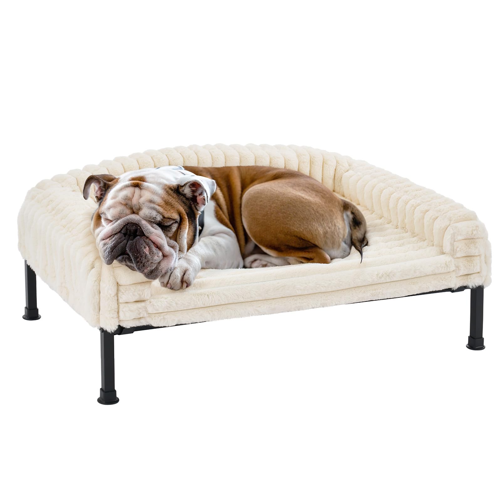 veehoo elevated dog bed with bolster cushion, fluffy plush dog couch beds for small dogs, cats, washable raised pet cot with non-slip feet for indoor or patios use, 36 x 28 inches, white