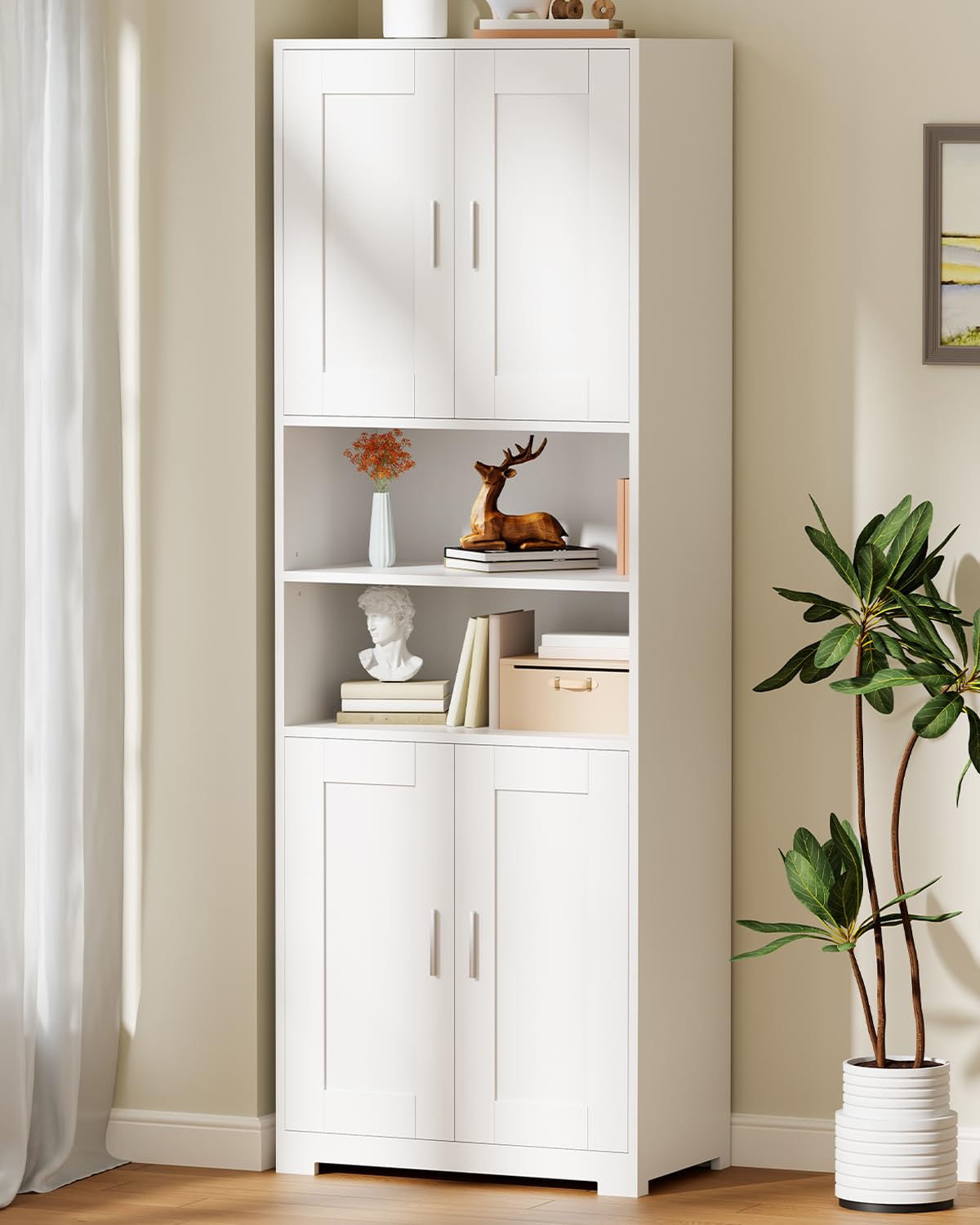 BEWISHOME Badezimmerschrank Hoch, Bad hochschrank, Badschrank Hochschrank mit 4 Türen und Verstellbare Ablagen, für Badezimmer/Wohnzimmer/Küche, Weiß, 30 * 60 * 170cm EYYG09W