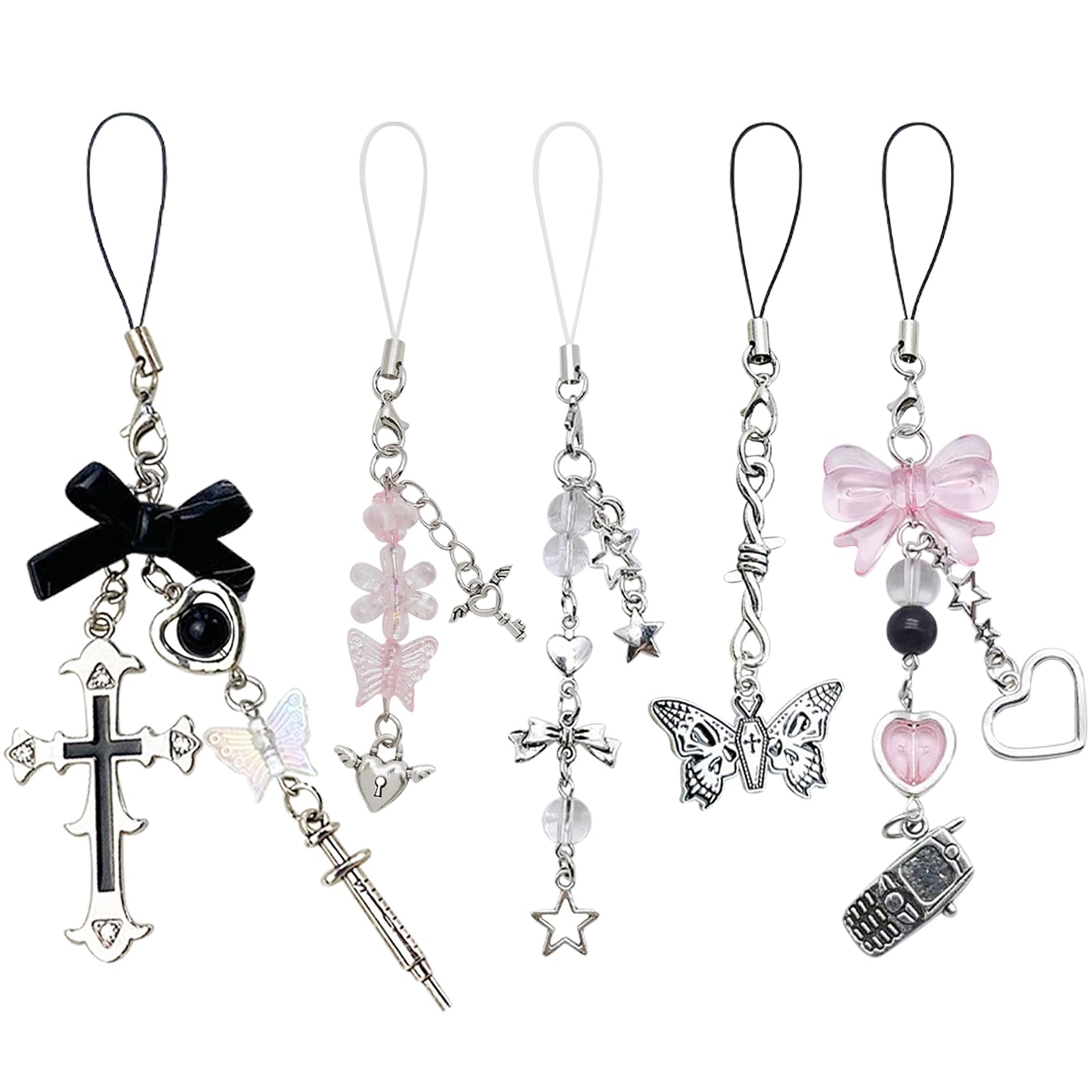 DKDDSSS Lot de 5 Pendentifs Y2K pour Téléphone Portable, Attache Cordon Téléphone Portable Chaîne, Bijoux de Telephone, Porte-Clés, Cordon Telephone Portable Bijoux