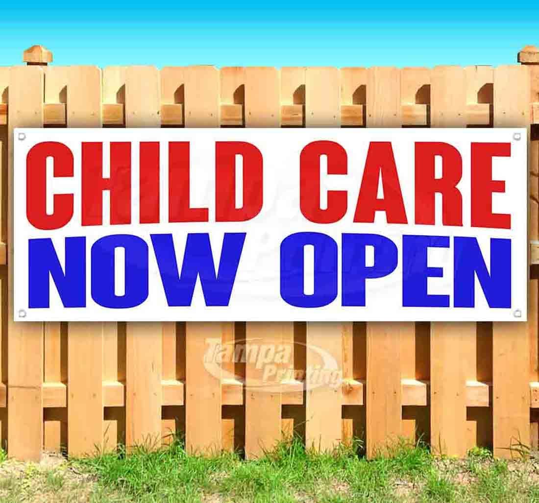 Child Care Now Open Banner 13 oz | Non-Fabric | Heavy-Duty Vinyl Single-Sided With Metal Grommets
