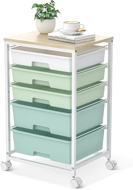 SYKIARIOL Utility Cart with 5 Drawers,Storage Cart with Wooden Tabletop