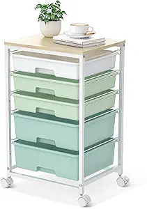 SYKIARIOL Utility Cart with 5 Drawers, Wooden Tabletop and Lockable Wheels - Light Green
