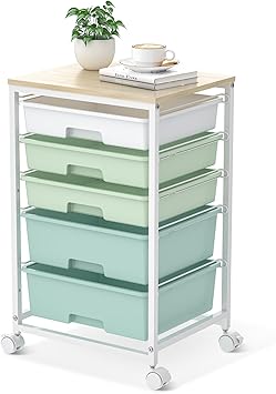 Storage Cart with 5 Drawers, Utility Drawer Cart with Wooden Tabletop and Lockable Wheels, Craft Storage Cart, 5 Tier Rolling Utility Cart with Wheels, Green