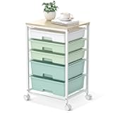 Craft cart,Rolling Cart with Drawers,Storage Cart with 5 Drawers and Wooden Tabletop for Under Desk Organizers and Storage,Green