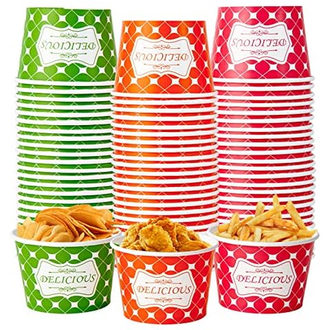 150 Pack 8oz Ice Cream Cups, Ice Cream Bowls for Cold and Hot Foods, Paper Ice Cream Bowls, Disposable Dessert Cups, Three Color Paper Ice Cream Sundaes Cups for Ice Cream, Hot Soup, Snacks, Fruits Cover