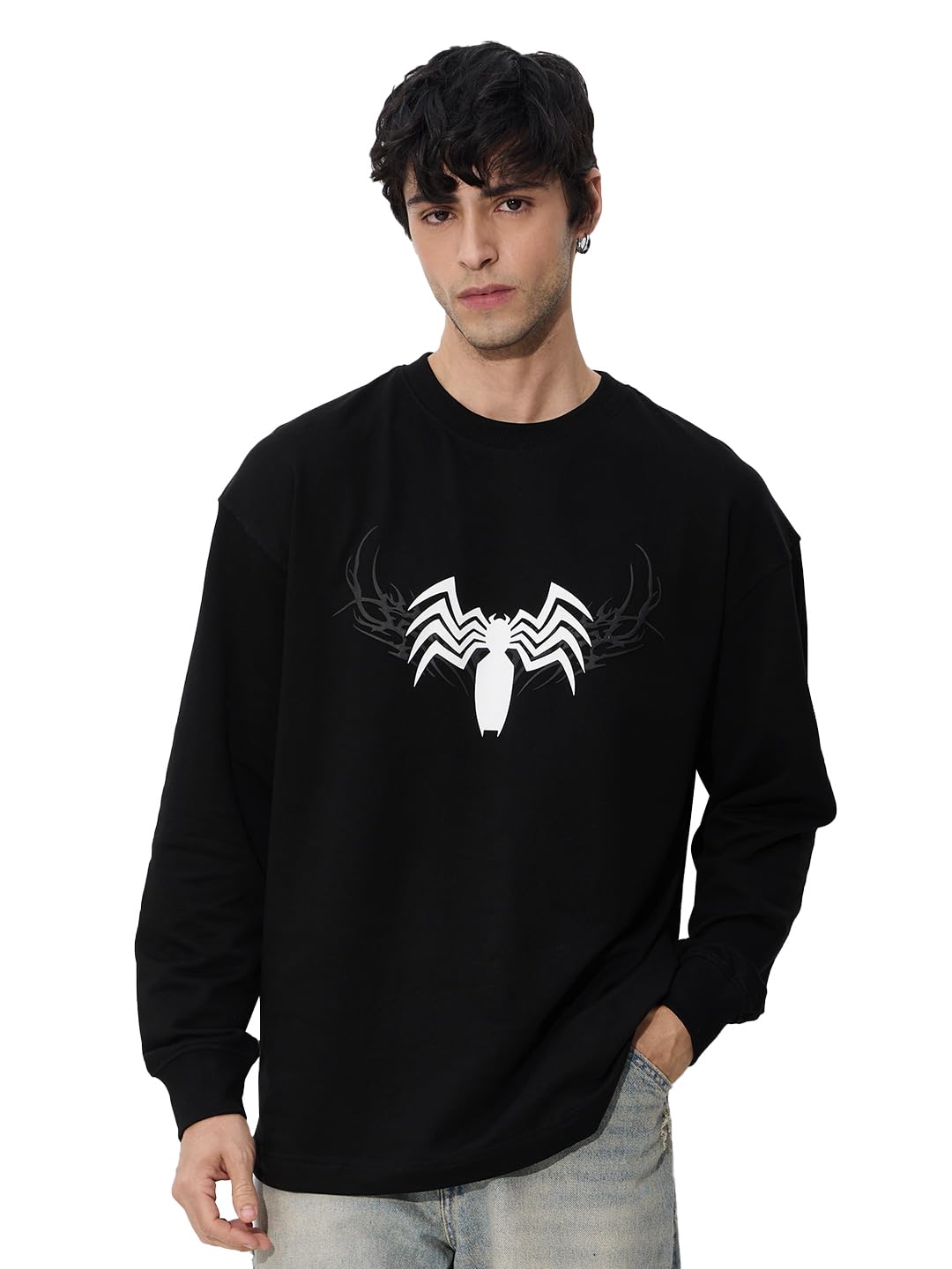 The Souled Store Marvel: Venom Men and Boys Round Neck Black Graphic Printed Cotton Oversized Full Sleeve T-Shirts in black