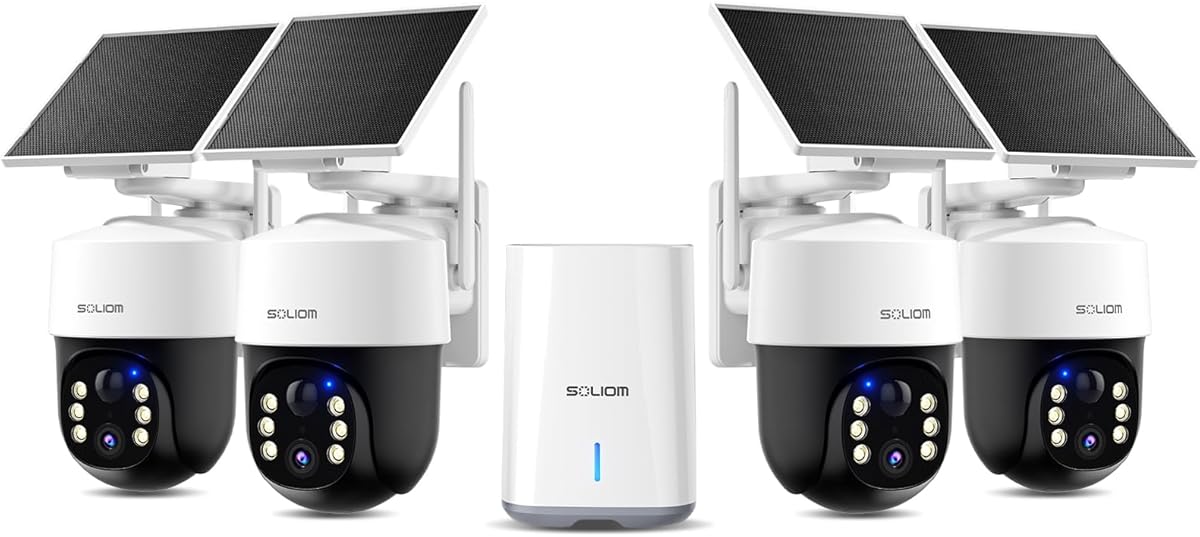 SOLIOM Security Cameras Wireless Outdoor,8MP Ultra HD for Day and Night, No Subscription,Built in Radar,Solar Powered Cameras for Home Security, 360° Pan Tilt Auto Tracking,5G & 2.4G WiFi, 4-Cam Kit