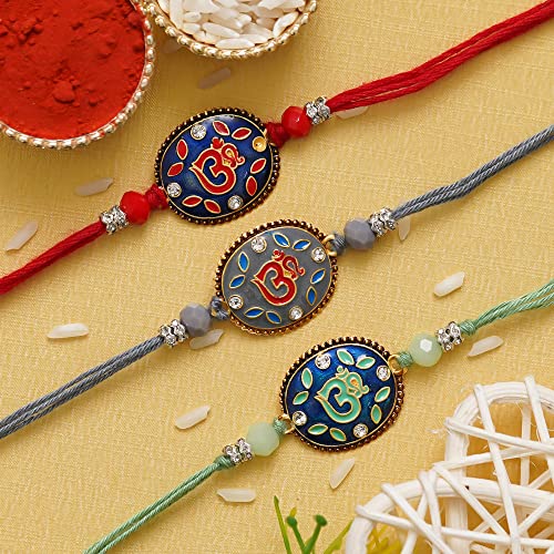 Image of eCraftIndia Set of 3 Pearl Diamond Rudraksha Designer Rakhis for Brother Bhaiya Bhai | Roli Chawal Pack | Raksha Bandhan Rakhi
