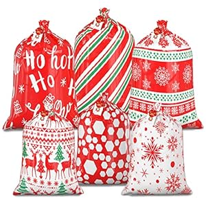 OuMuaMua Giant Gift Bags for Christmas Presents – 6 Pack Large Christmas Plastic Gift Bags Red with Gift Tags for Xmas…