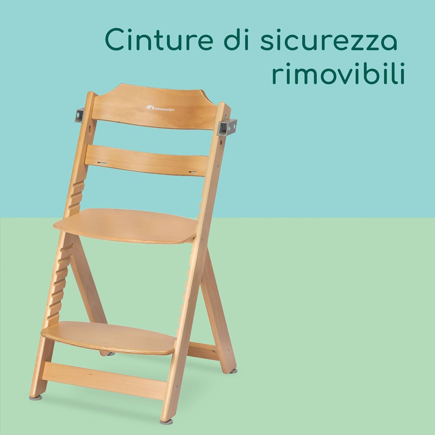 Bebeconfort Timba + Cuscino, Seggiolone Pappa in Legno, 6 mesi-99 anni, 110 kg, con Vassoio, Seduta/Poggiapiedi Regolabili, Compatibile con Sdraietta Timba Baby, Legno Naturale + Beige