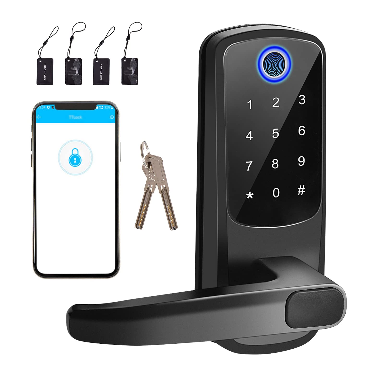 Smart Fingerprint Door Lock, Touch Screen Door Lock with Handle, Electronic Keypad Digital Door Knob