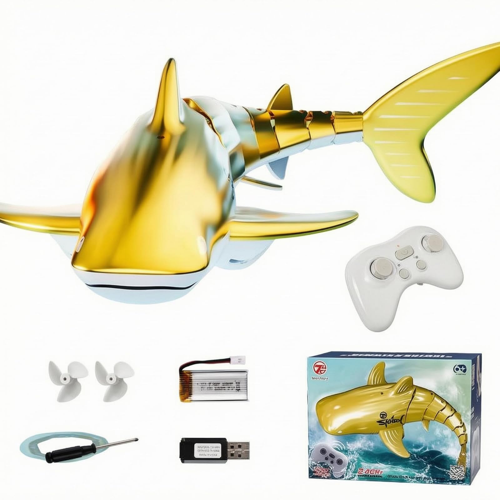 Jouet Requin Télécommandé Rc Électrique Aquatique Enfant avec Jet d'eau Lumières Intégrées Corps Profilé Ailerons Moulés , Or , Baleine Dorée