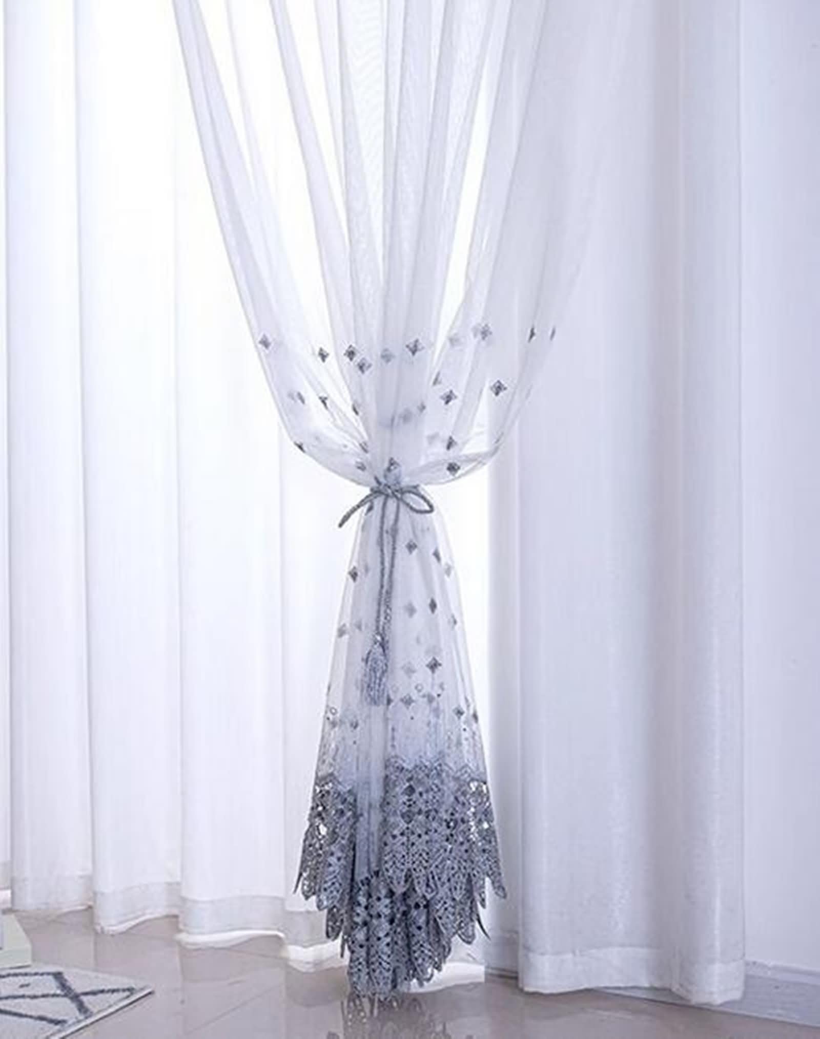 Rideau Voilage Gris Broderie, Dentelle à Crochets, 102x138cm, Lot de 2 Rideaux Chambre Moderne