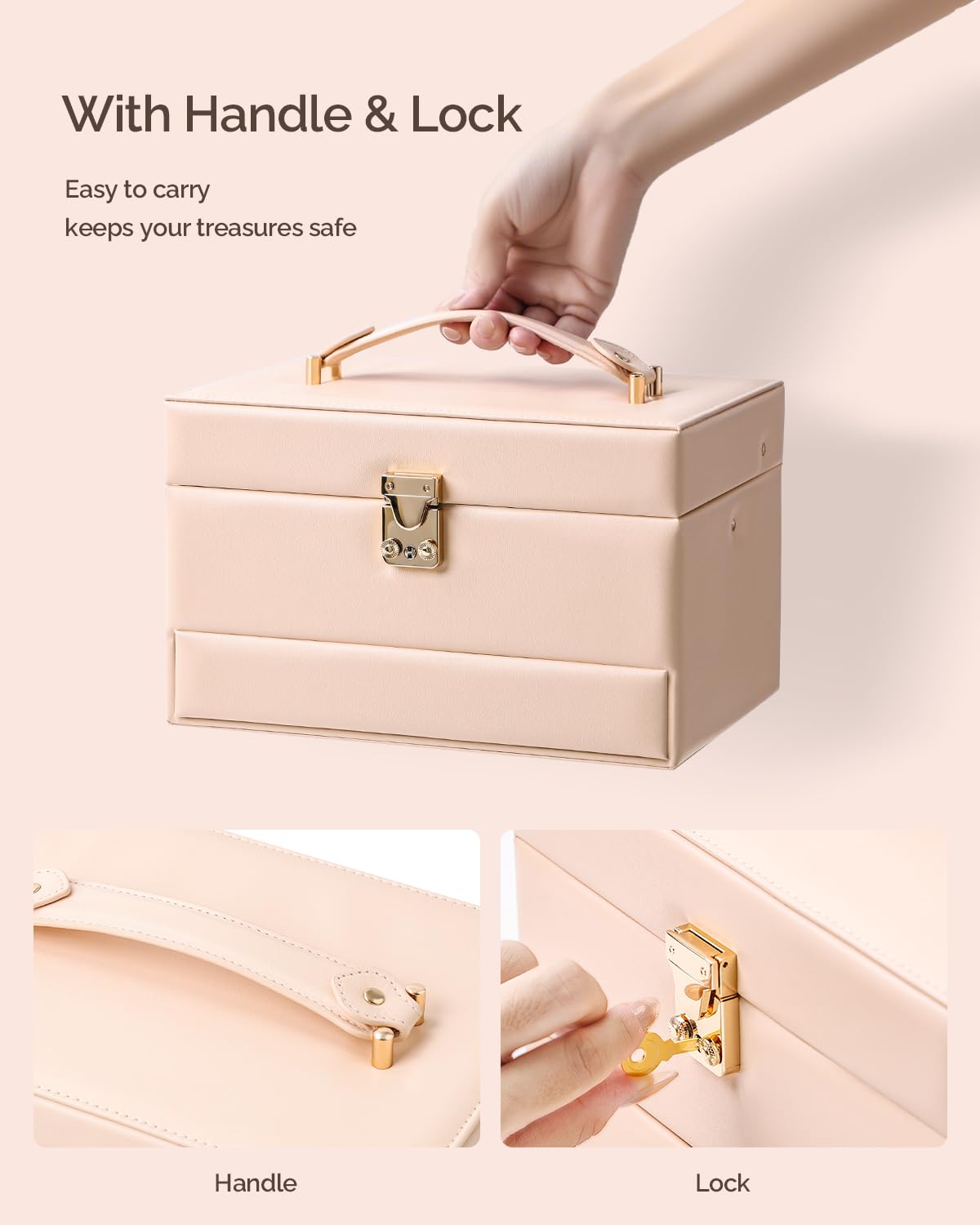 CASEGRACE Schmuck-Organizer-Box, 3-lagig, Leder, Schmuck-Aufbewahrungsbox mit tragbarem Schmucketui, herausnehmbares Schmucktablett, Aufbewahrung für Zuhause und Reisen, Geschenk für Frauen (Rosa)
