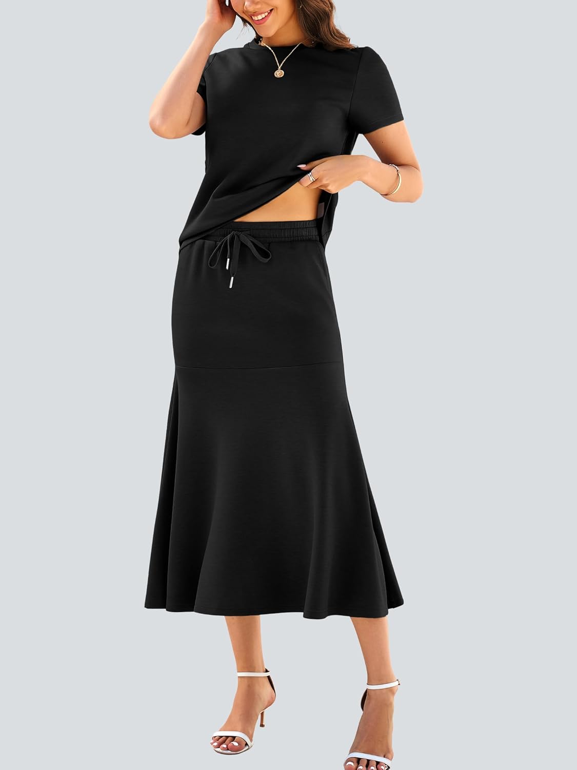 Casly Lamiit Women's Two Piece Sets Summer Casual Lounge Outfits Short Sleeve Fishtail Midi Skirts Set with Pockets - Image 5