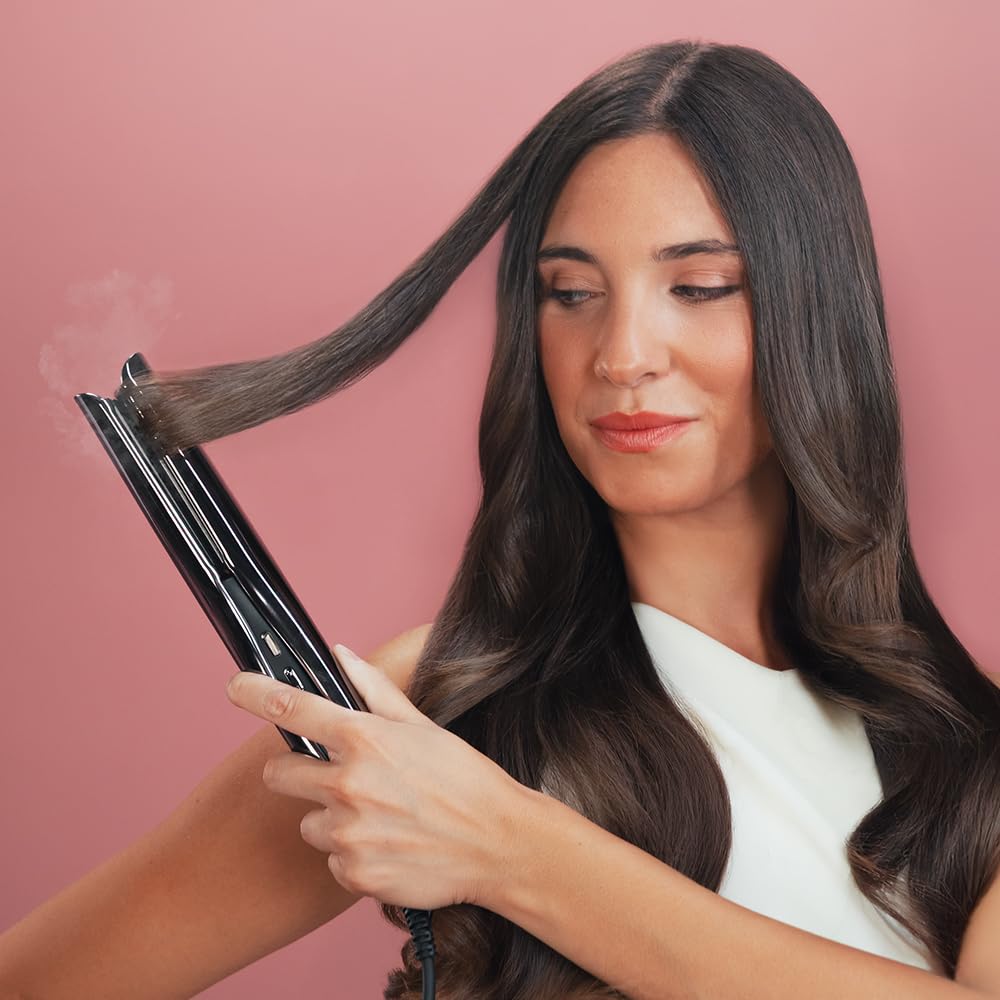 Cecotec Plancha de Pelo con Cable, Tecnología de Vapor e Infrarrojos Lisse iSteamy. 48W, Revestimiento de Cerámica y Queratina, Temperatura Regulable, Incluye Bolsa Térmica y Estuche de Cuero