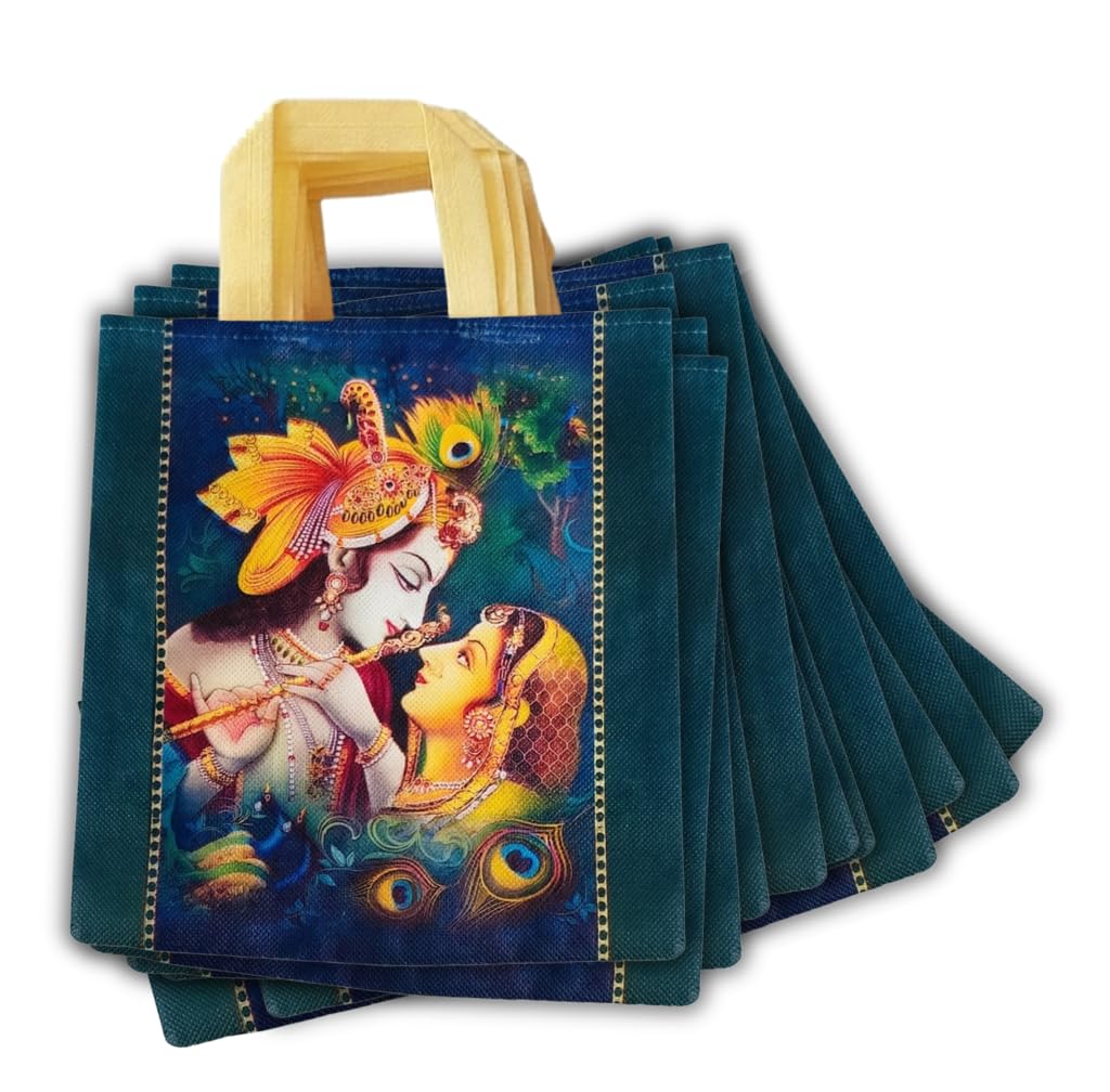 Return gift bag (Thank you Bags) 80 GSM | Birthday Party Return Bag | Wedding Return Gift Bag (Green Radha Krishna Thamboolam bags) - Medium size (9x11 inch) (Green, Pack of 1 (25 bags))-image-29