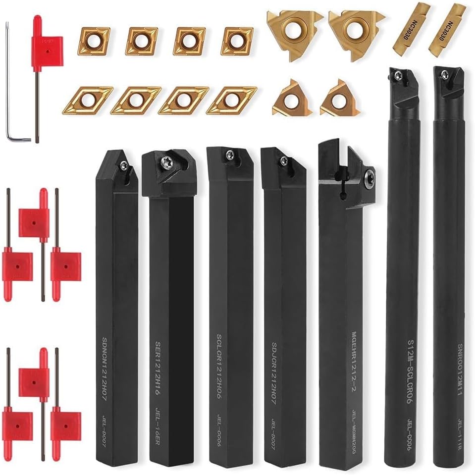 21Pcs Indexable Lathe Turning Tool Kit, 40Cr Steel Holders with Carbide Inserts for Threading, Grooving, Parting on Metal CNC Lathes, 7/16" Shank