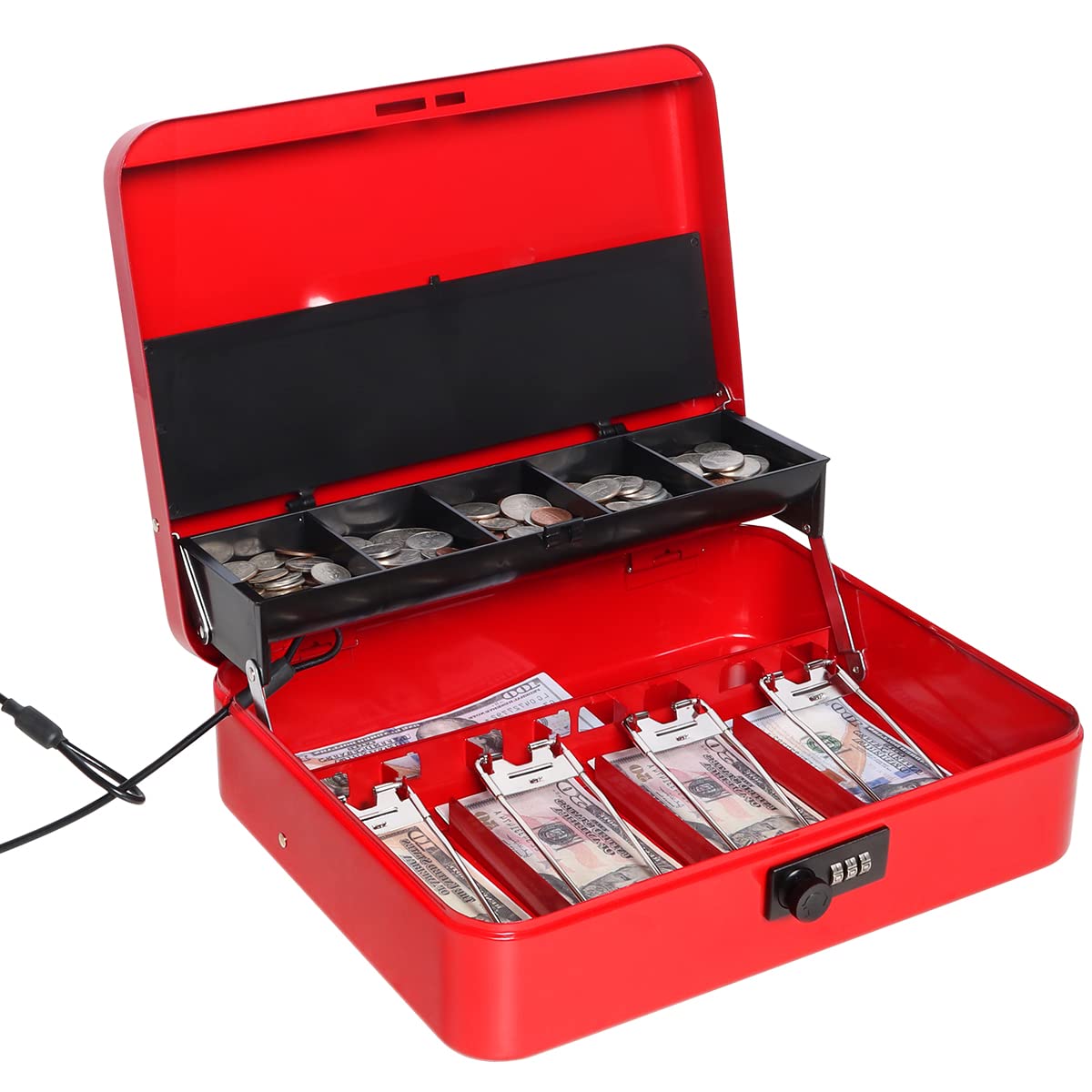 Jssmst Large Locking Cash Box with Money Tray, Metal Money Box with Combination Lock Cash Safe with Security Cable, Red