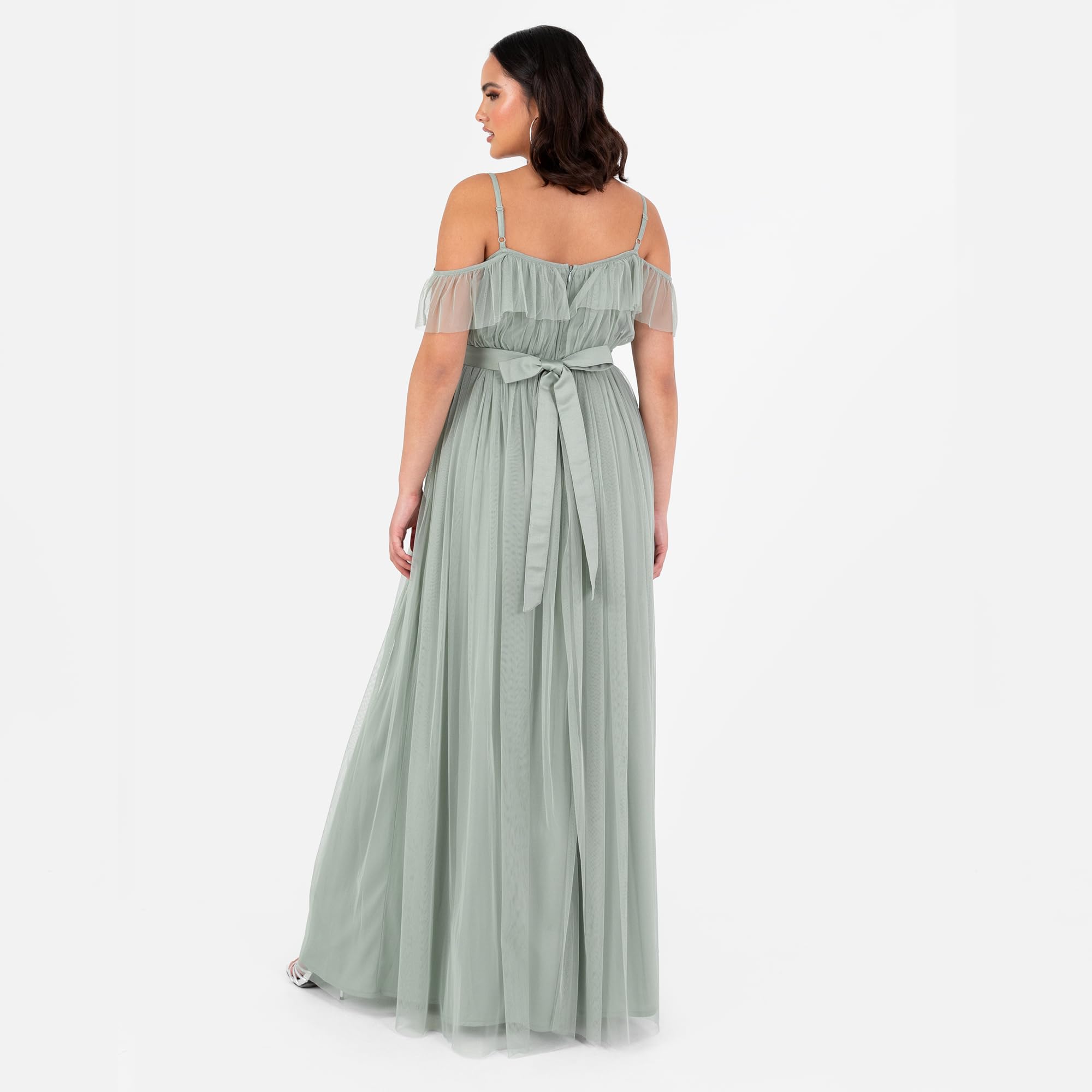 Anaya with Love Damen Women's Maxi Dress Ladies Sleeveless V-Neck Cold Shoulder Tulle Sash Tie Belt A-line Bridesmaid Wedding Guest Ball Gown Dress (1er Pack)