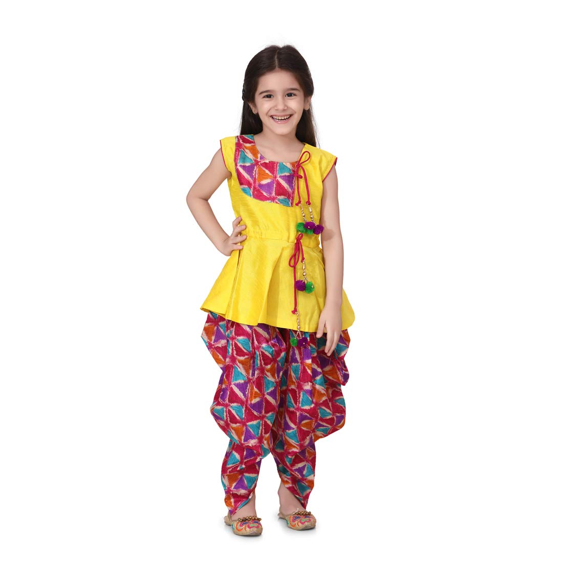 Girls Triangle Print Patch Peplum dhoti Green
