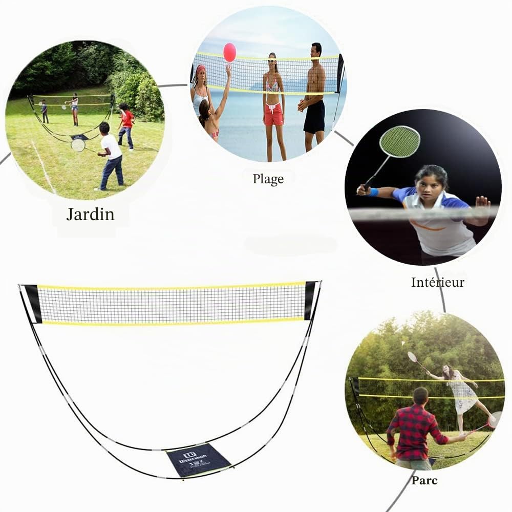 Filet de badminton portable pour jardin, pickleball, volleyball pour enfants sur la plage, installation facile avec sac de transport pour sports d'intérieur et d'extérieur, aucun outil ou piquets