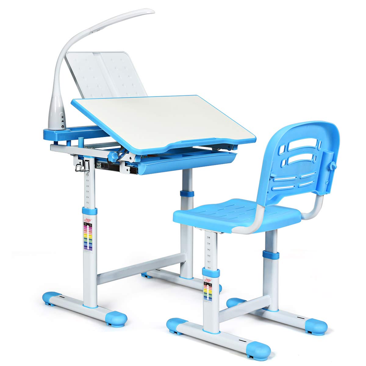 DREAMADE höhenverstellbarer Kinderschreibtisch mit Lampe & Bücherständer, Schülerschreibtisch Jugendschreibtisch neigungsverstellbar, Schreibtisch Set für Kinder mit Stuhl und Schublade (Blau)