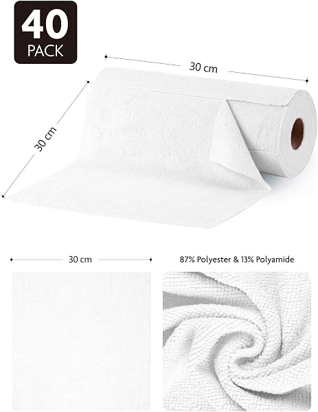 Fantasticlean Paños de Limpieza 40 Unidades, Rollo de Paño de Microfibra Rasgable, Trapos Reutilizables y Sin Pelusas 30 x 30 cm - Blanco - 2