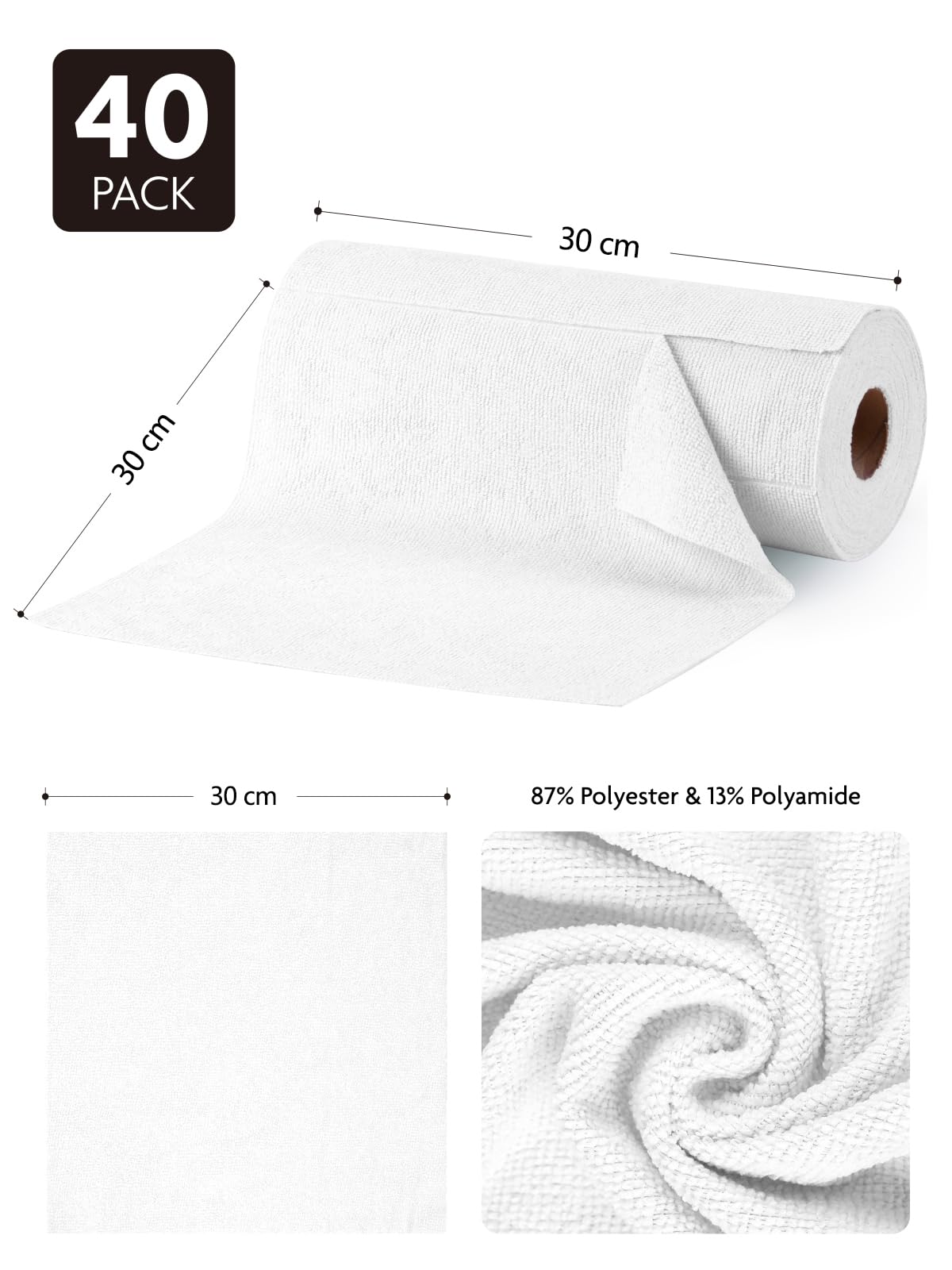 Fantasticlean Paños de Limpieza 40 Unidades, Rollo de Paño de Microfibra Rasgable, Trapos Reutilizables y Sin Pelusas 30 x 30 cm - Blanco — view 2